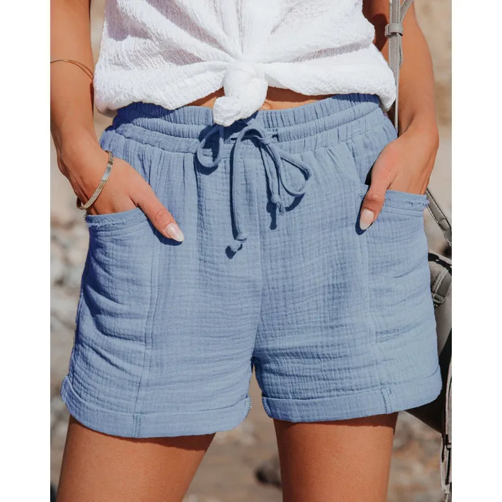 Women's High Waist Casual Cotton Linen Shorts with Pockets-The Yellow Prime