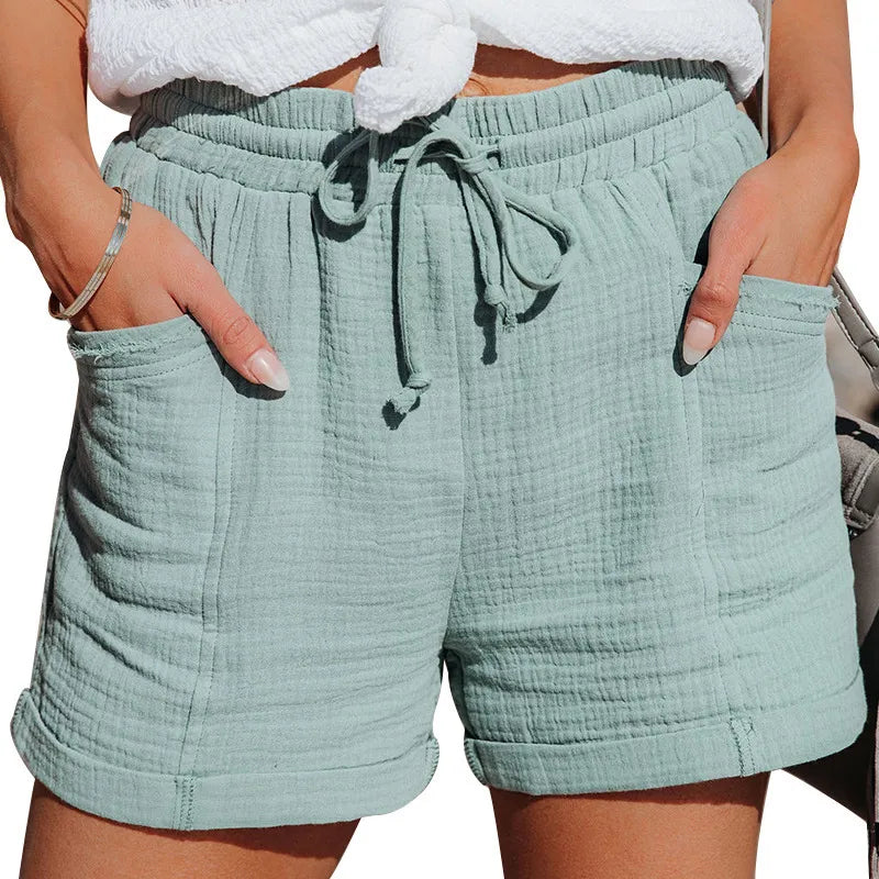 Women's High Waist Casual Cotton Linen Shorts with Pockets-The Yellow Prime