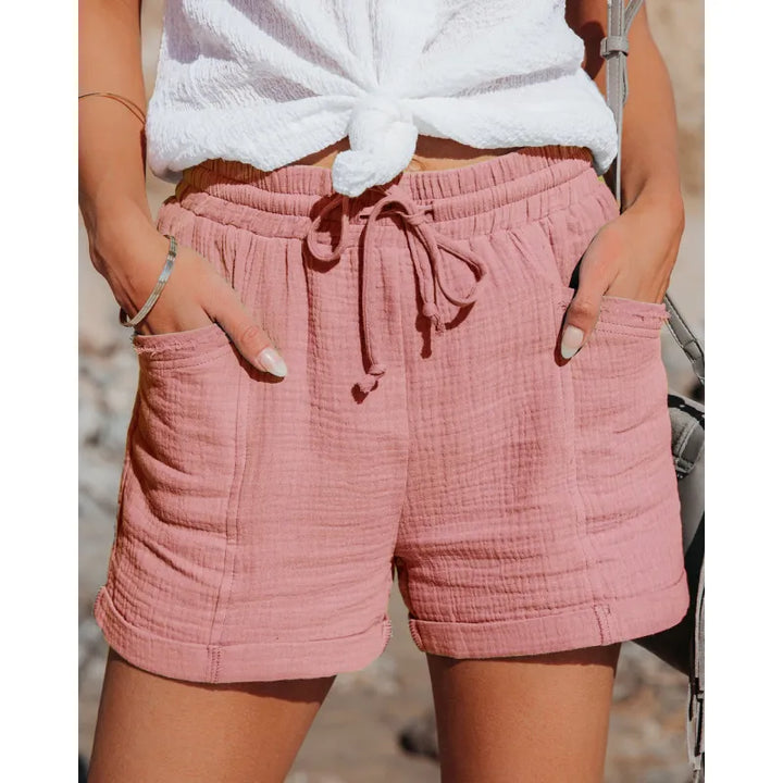 Women's High Waist Casual Cotton Linen Shorts with Pockets-The Yellow Prime