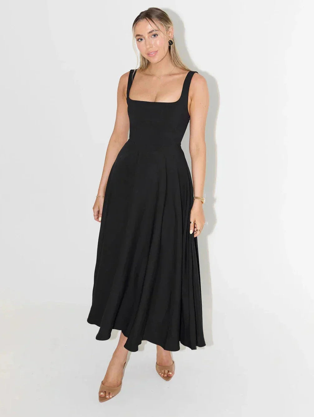 Women's High Waist Midi Dress with Square Neckline-The Yellow Prime