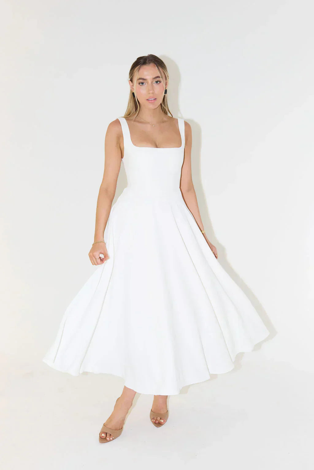 Women's High Waist Midi Dress with Square Neckline-The Yellow Prime