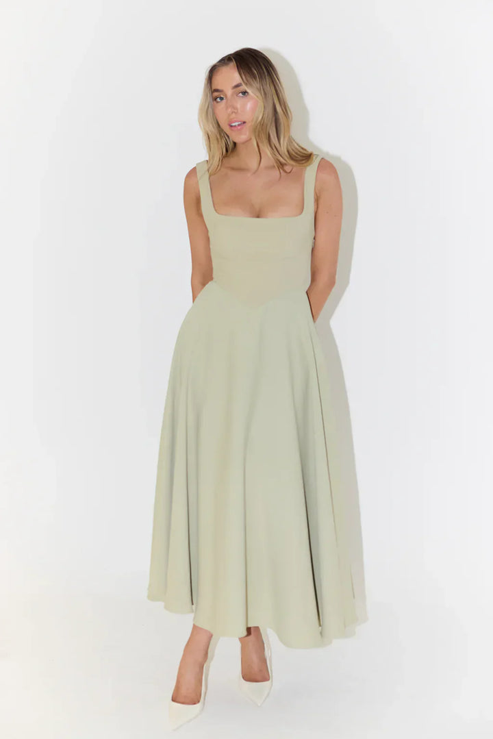 Women's High Waist Midi Dress with Square Neckline-The Yellow Prime