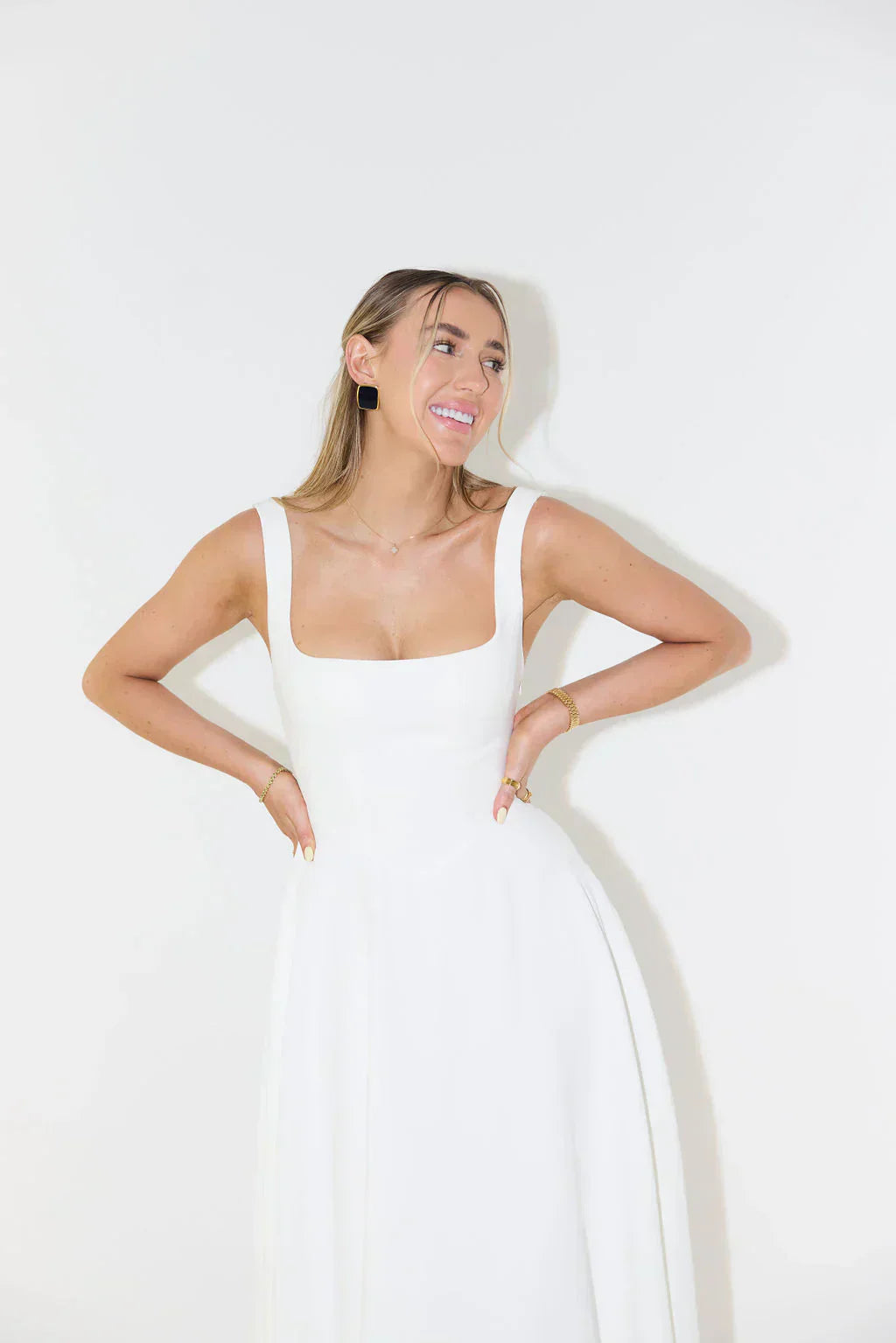 Women's High Waist Midi Dress with Square Neckline-The Yellow Prime