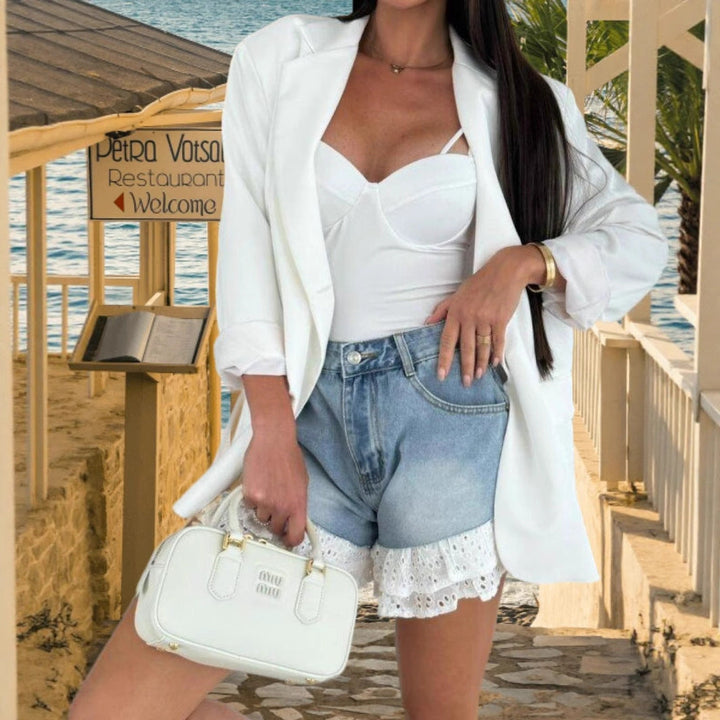 Women's High-Waisted Denim Shorts with Ruffle Hem Detail-The Yellow Prime