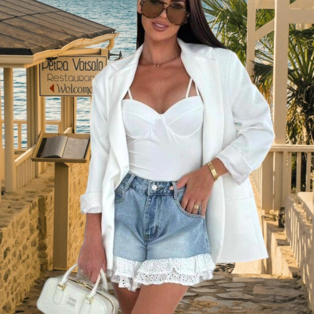 Women's High-Waisted Denim Shorts with Ruffle Hem Detail-The Yellow Prime