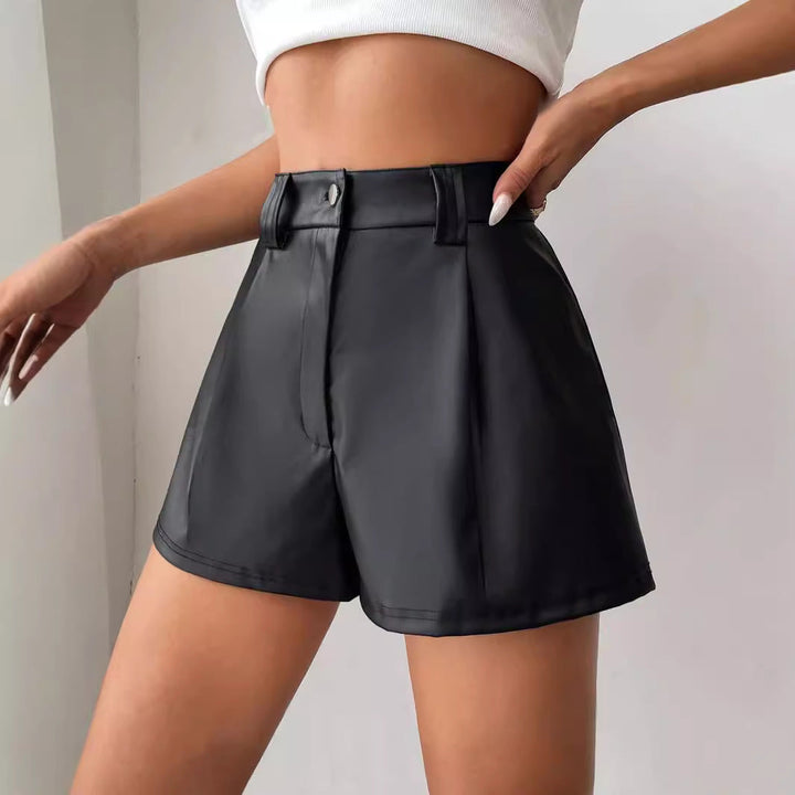 Women's High-Waisted Faux Leather Shorts with Chic Cut and Pleats-The Yellow Prime