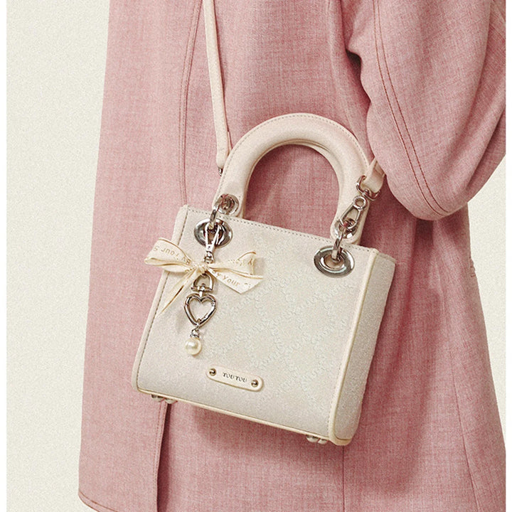 Women's Jacquard Bow Handbag with Pearl Accents-The Yellow Prime