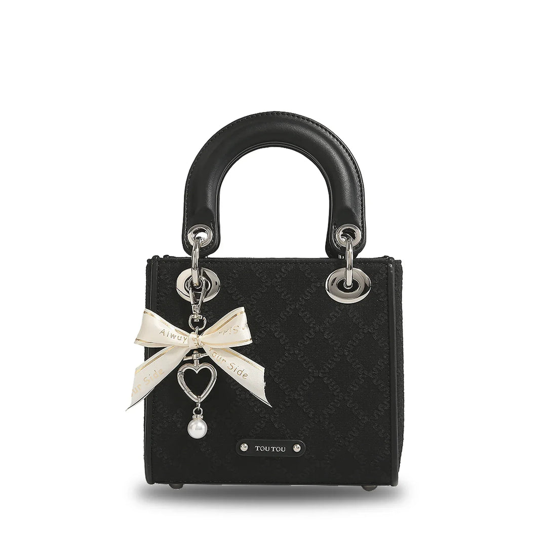 Women's Jacquard Bow Handbag with Pearl Accents-The Yellow Prime