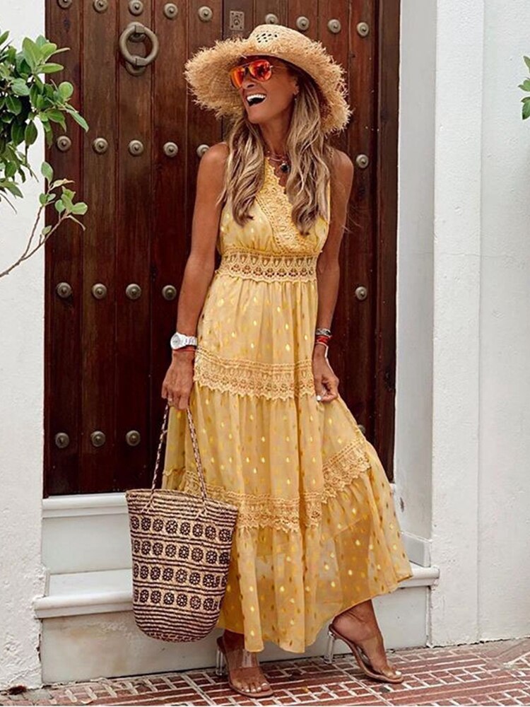 Women's Lace Tiered Maxi Dress-The Yellow Prime
