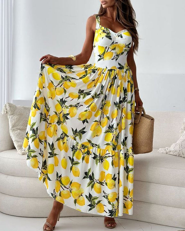 Women's Lemon Print Maxi Dress with Wide Straps – The Yellow Prime