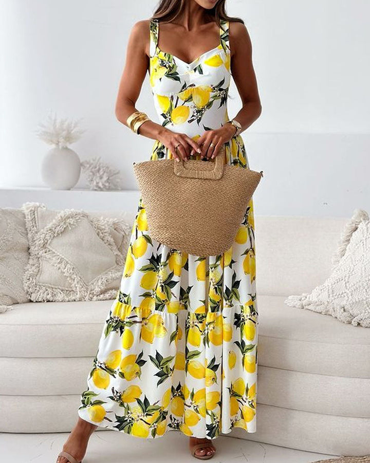 Women's Lemon Print Maxi Dress with Wide Straps – The Yellow Prime