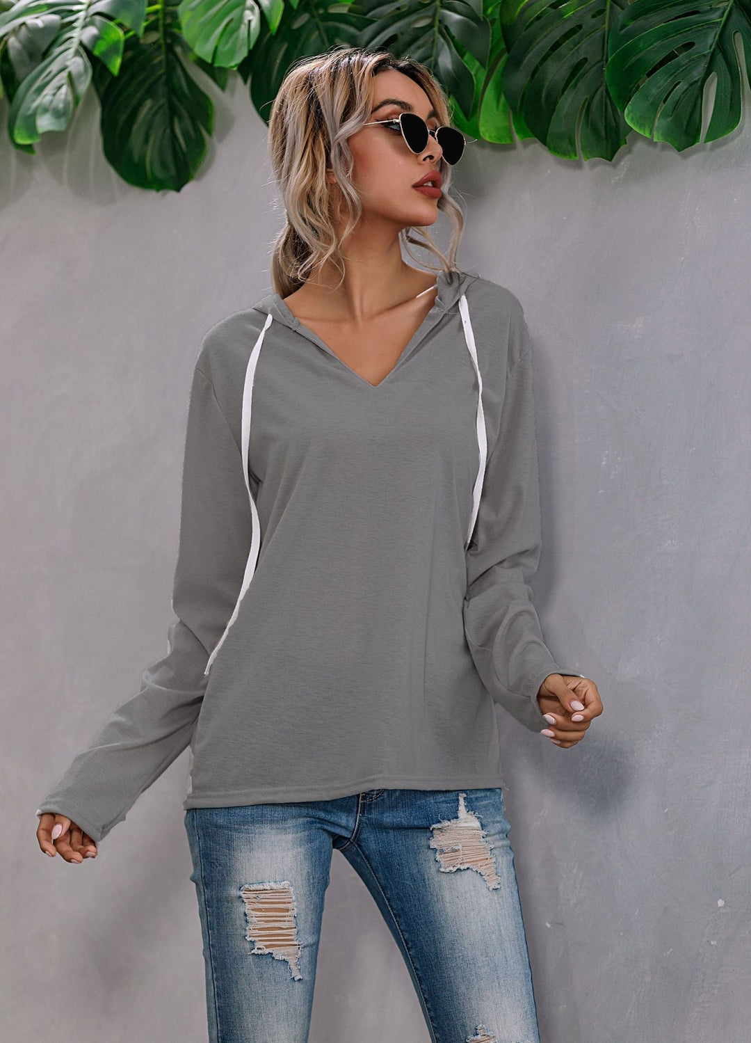 Women's Lightweight Relaxed V Neck Knit Hoodie for Everyday Wear-The Yellow Prime