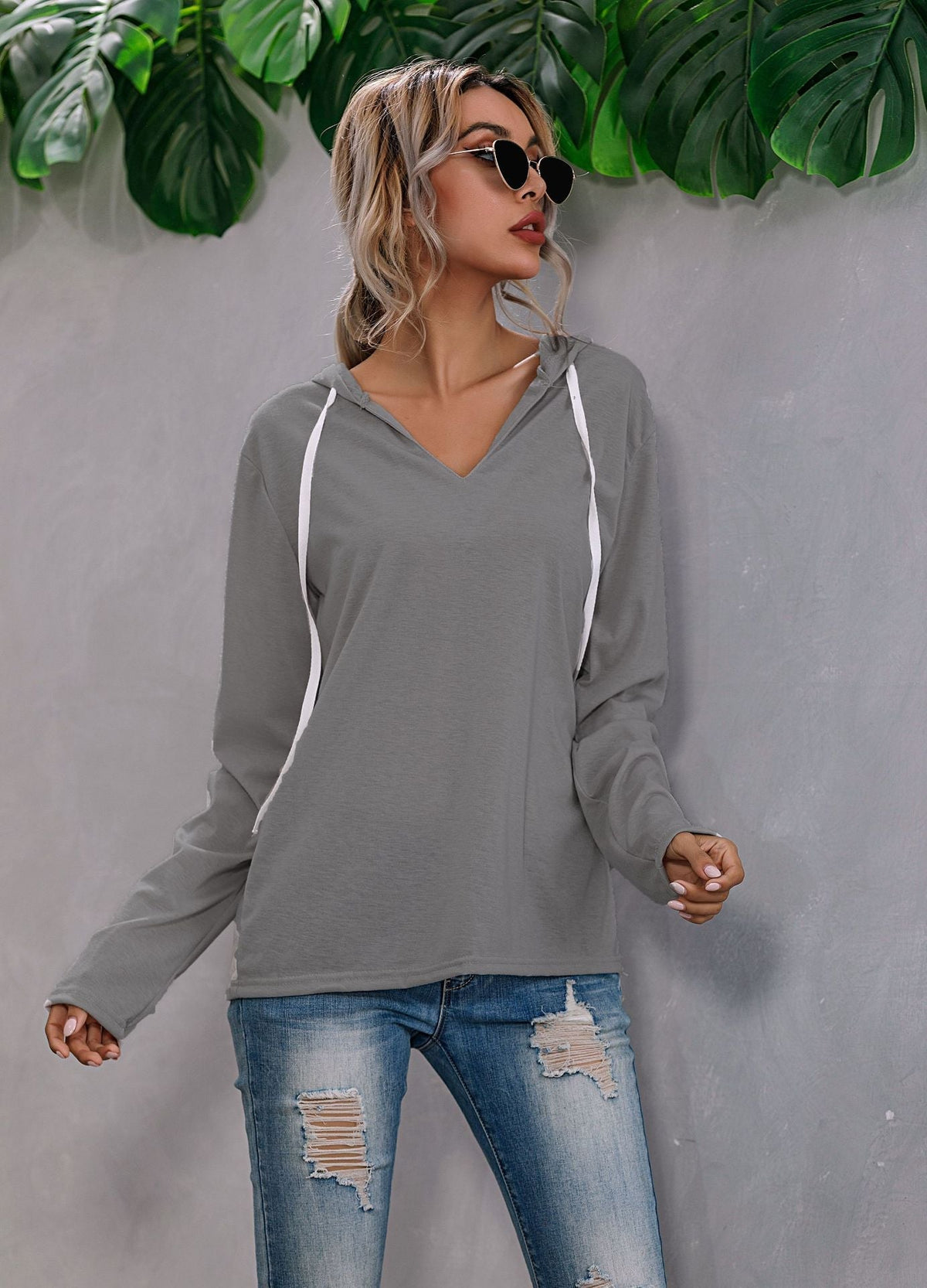 Women's Lightweight Relaxed V Neck Knit Hoodie for Everyday Wear-The Yellow Prime