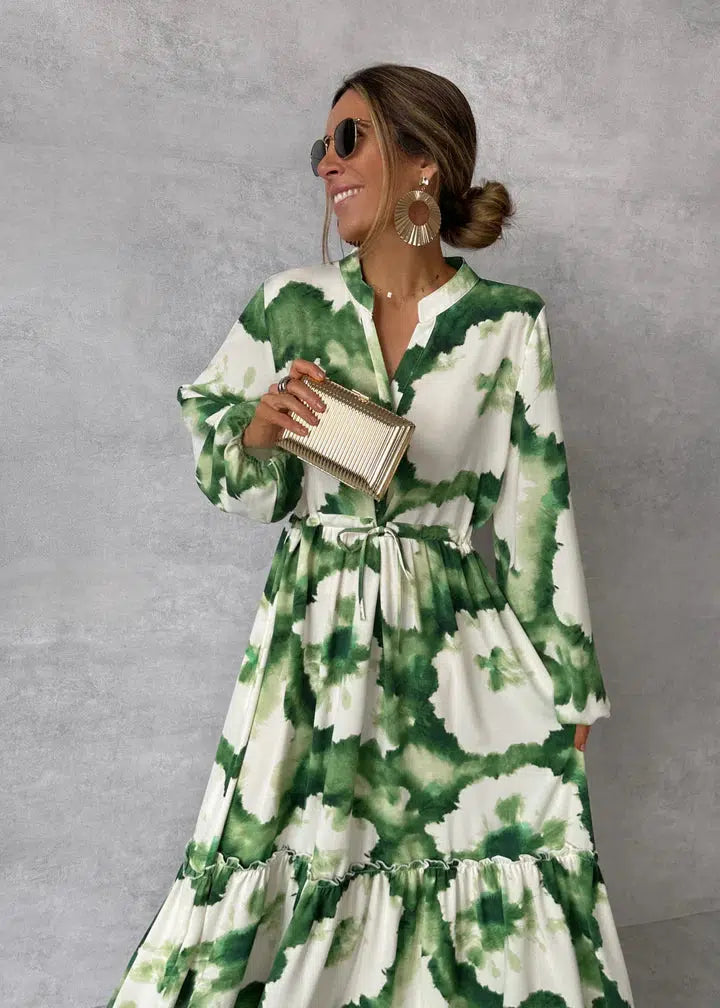 Women's Long Sleeve V-Neck Green Maxi Dress-The Yellow Prime