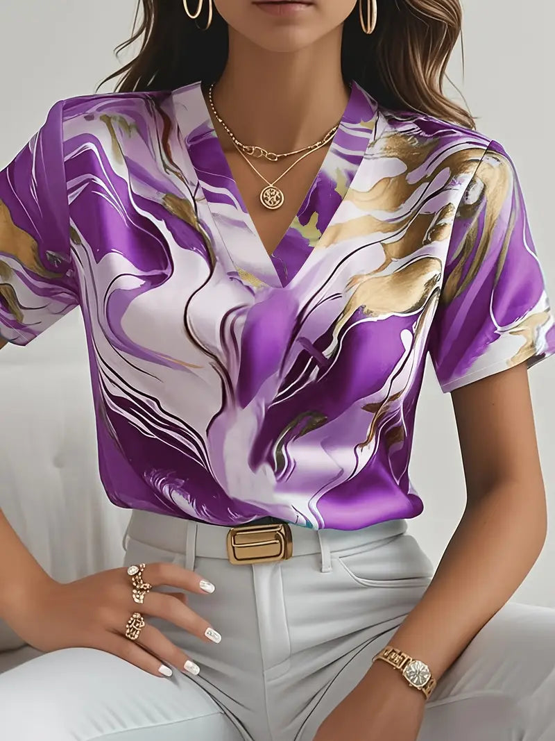 Women's Marble Print Short Sleeve Shirt-The Yellow Prime