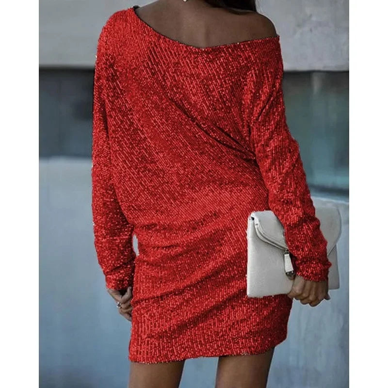 Women's One Shoulder Shiny Mini Dress-The Yellow Prime