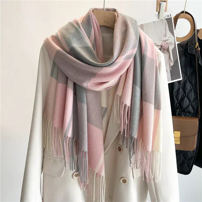 Women's Oversized Check Scarf - Soft Wool with Fringed Edges-The Yellow Prime