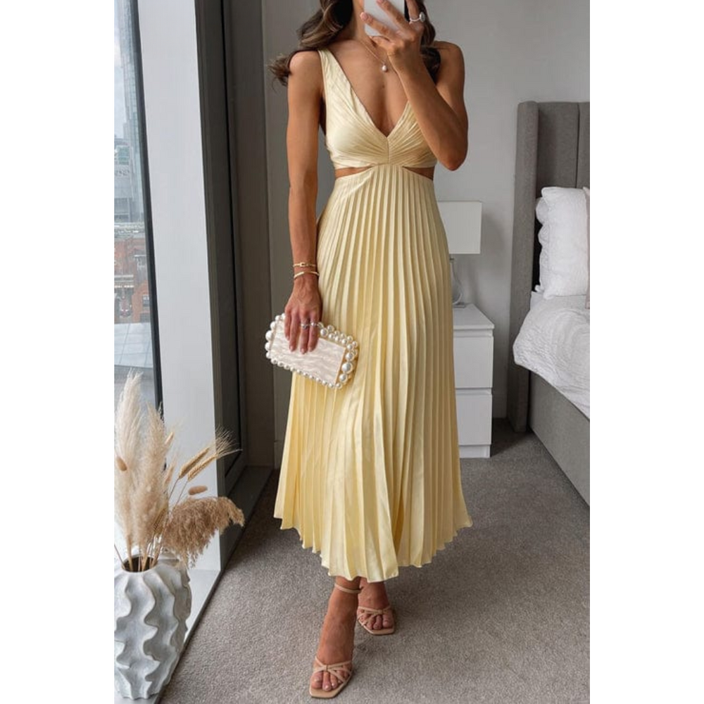 Women's Pleated Dress with Cutouts-The Yellow Prime