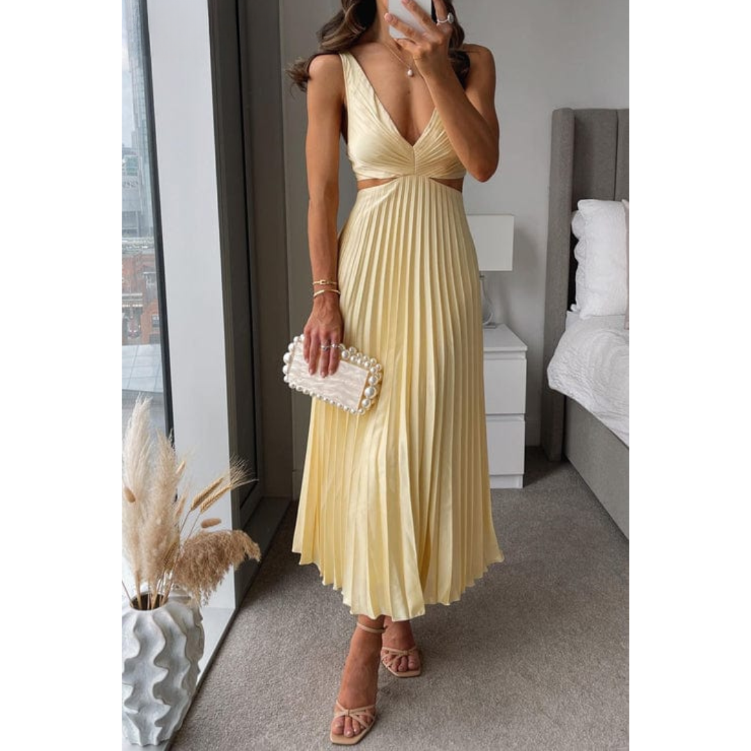 Women's Pleated Dress with Cutouts-The Yellow Prime
