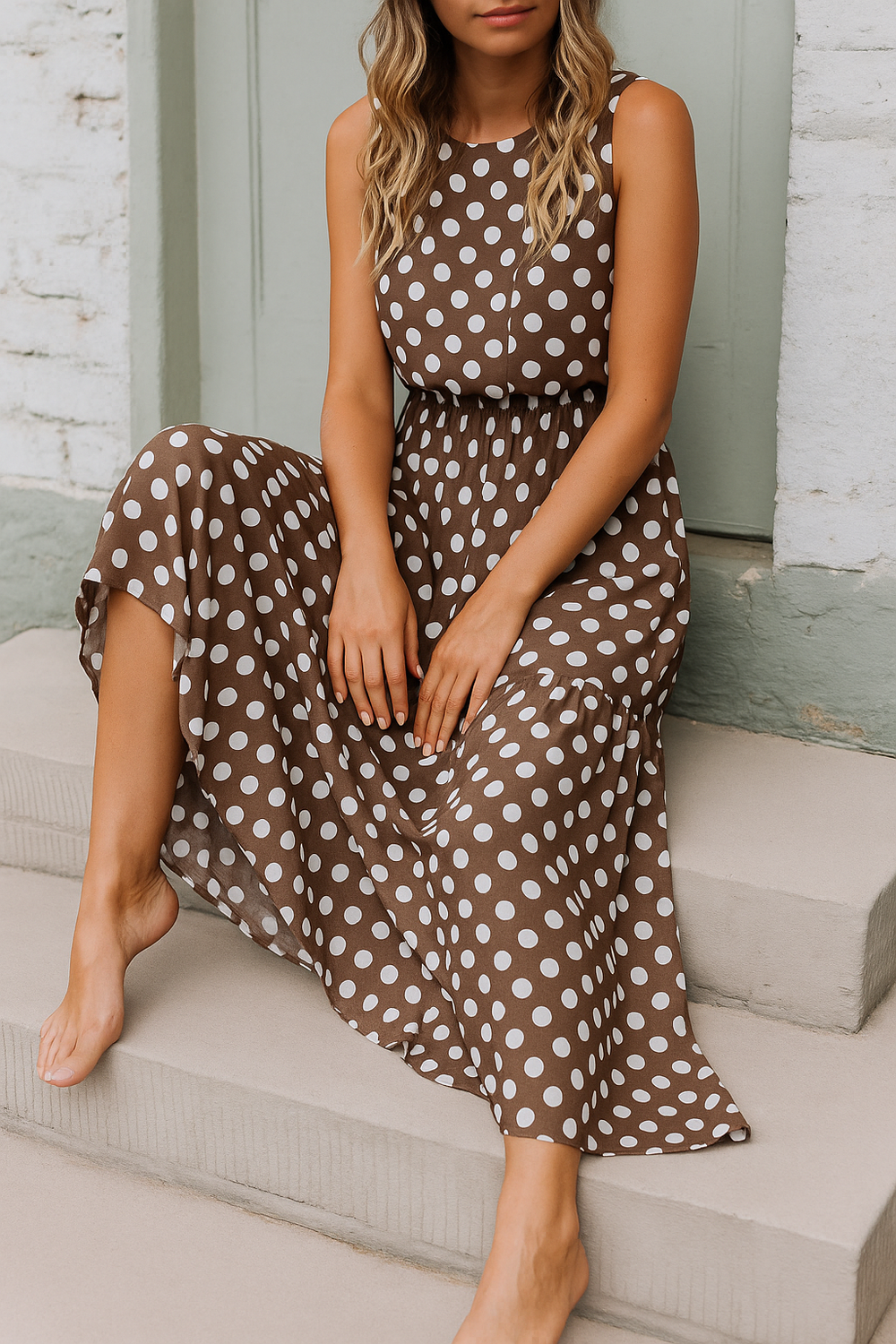 Women's Polka Dot Maxi Dress in Modern Style-The Yellow Prime