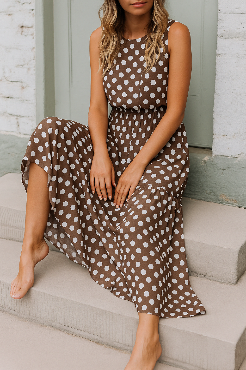 Women's Polka Dot Maxi Dress in Modern Style-The Yellow Prime