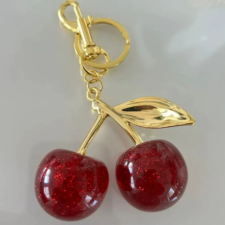 Women's Red Cherry Keychain Bag Charm with Gold Leaf Clasp-The Yellow Prime