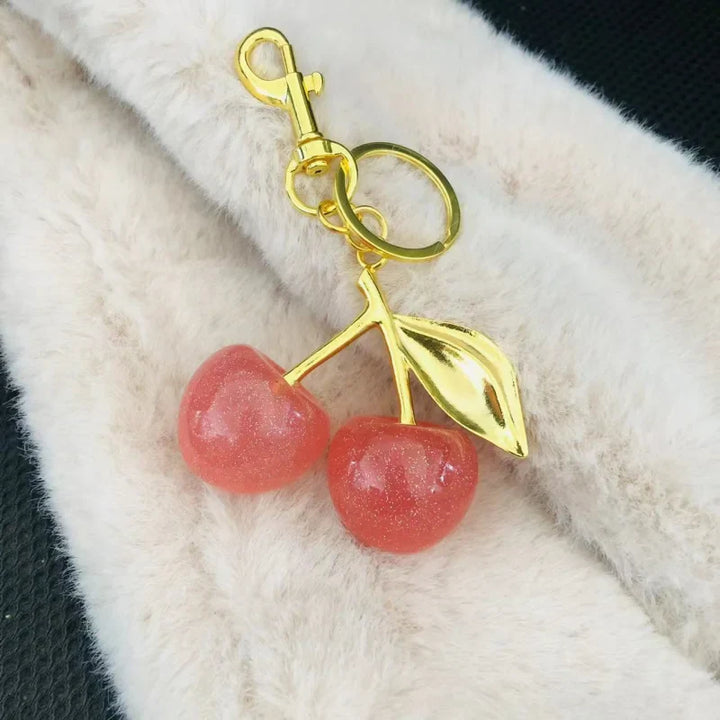 Women's Red Cherry Keychain Bag Charm with Gold Leaf Clasp-The Yellow Prime