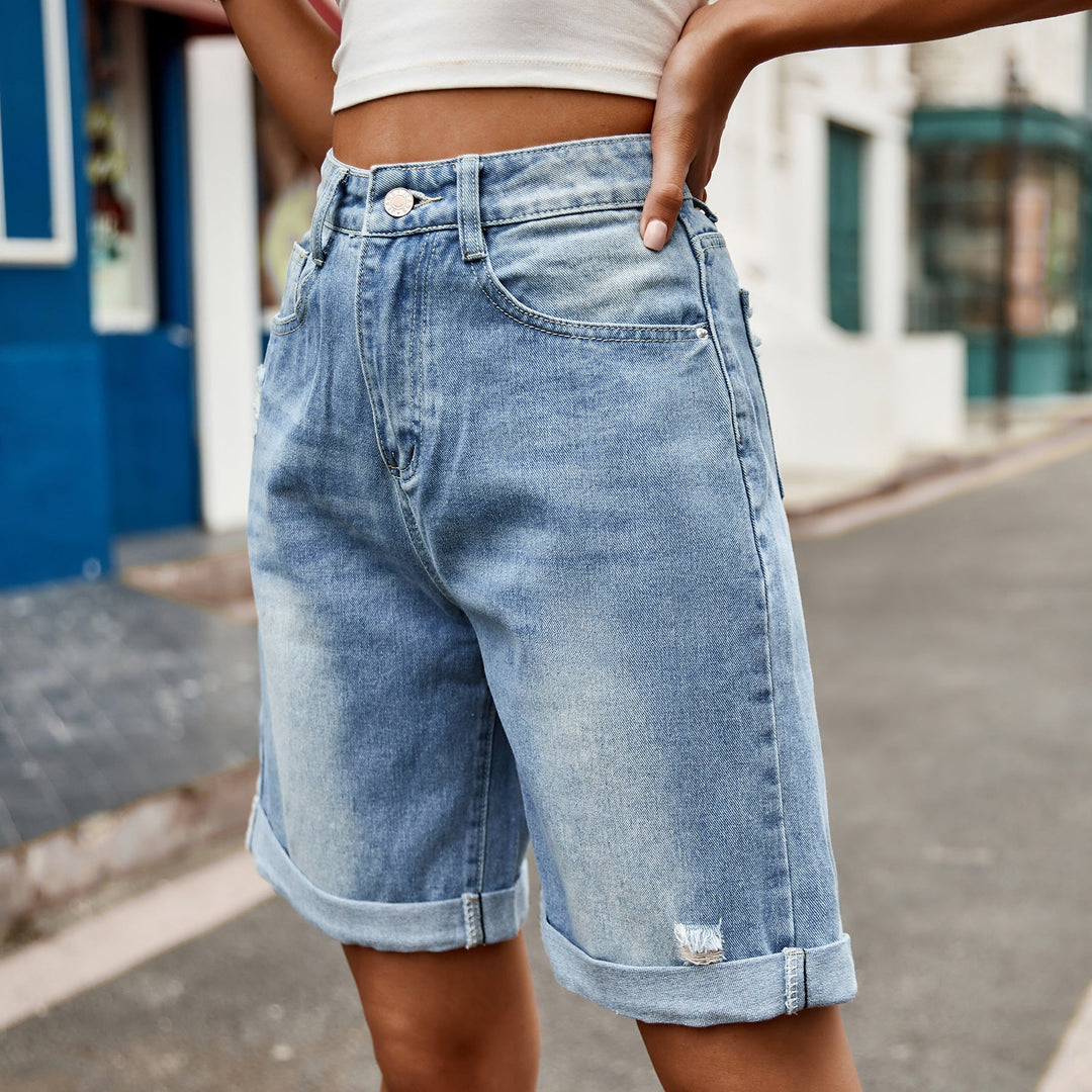 Women's Relaxed Cuffed Hem Denim Shorts for Casual Style-The Yellow Prime