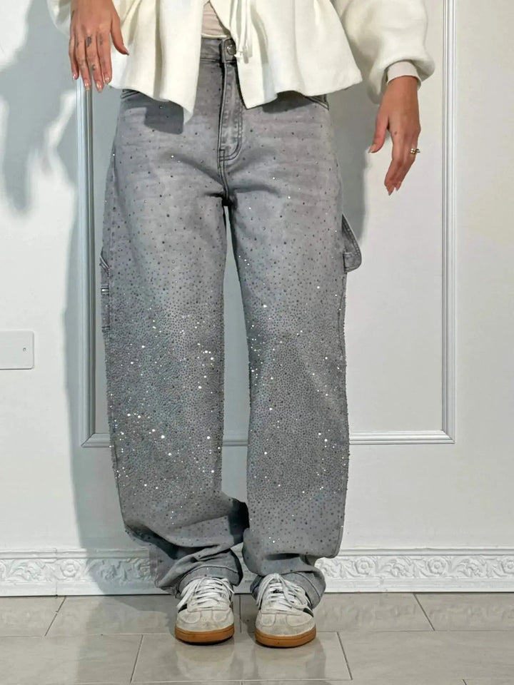 Women's Relaxed Fit Blue Denim Straight Leg Jeans with Rhinestones-The Yellow Prime