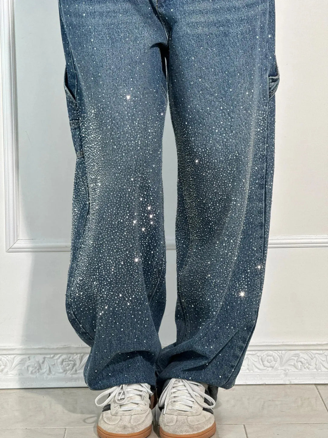 Women's Relaxed Fit Blue Denim Straight Leg Jeans with Rhinestones-The Yellow Prime