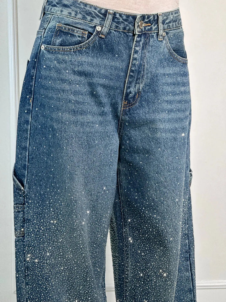 Women's Relaxed Fit Blue Denim Straight Leg Jeans with Rhinestones-The Yellow Prime