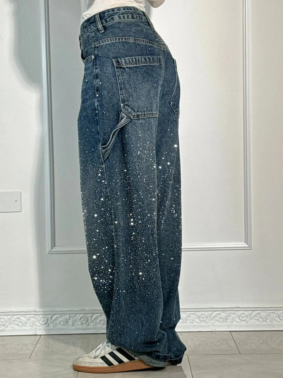 Women's Relaxed Fit Blue Denim Straight Leg Jeans with Rhinestones-The Yellow Prime