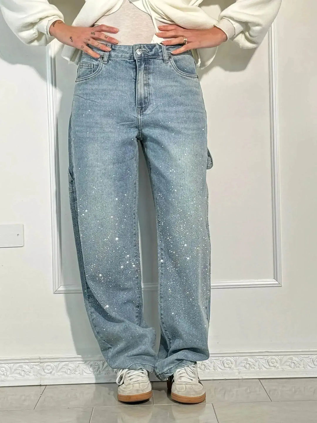Women's Relaxed Fit Blue Denim Straight Leg Jeans with Rhinestones-The Yellow Prime