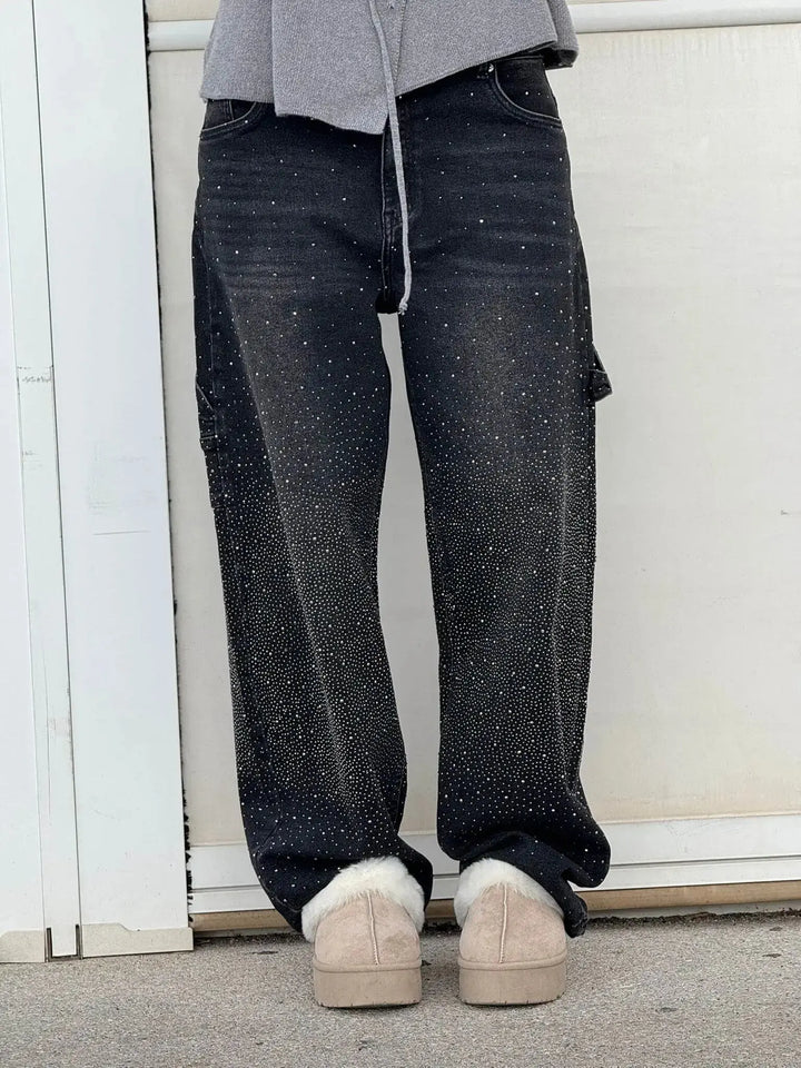 Women's Relaxed Fit Blue Denim Straight Leg Jeans with Rhinestones-The Yellow Prime