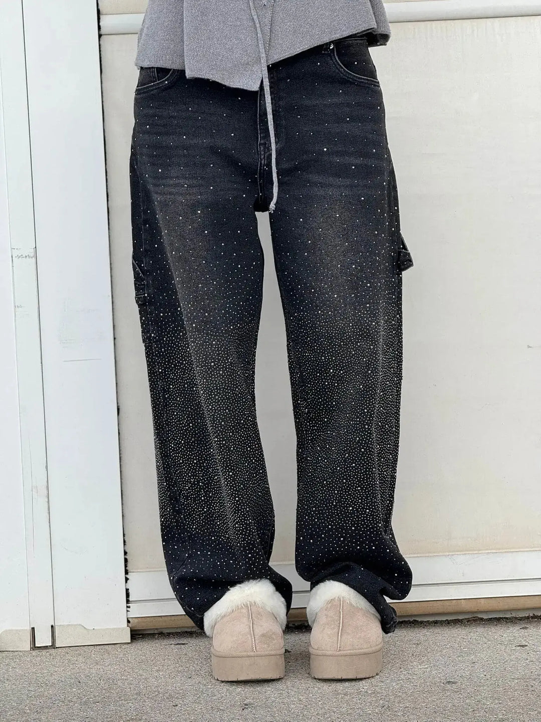 Women's Relaxed Fit Blue Denim Straight Leg Jeans with Rhinestones-The Yellow Prime