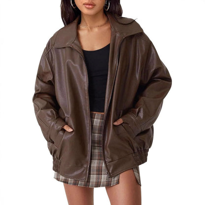 Women's Relaxed Fit Faux Leather Bomber Zip Jacket-The Yellow Prime