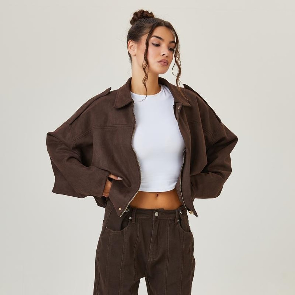 Women's Relaxed Fit Faux Suede Bomber Jacket for Stylish Comfort-The Yellow Prime