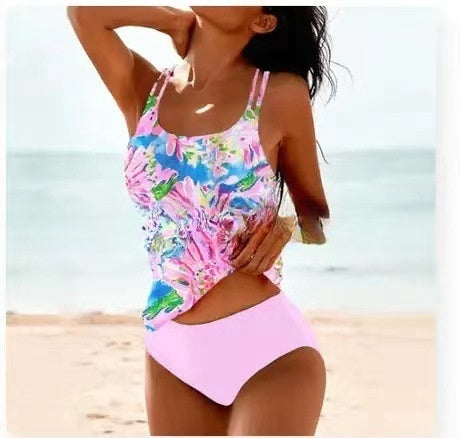 Women's Retro High-Cut Bikini with Beach Print-The Yellow Prime