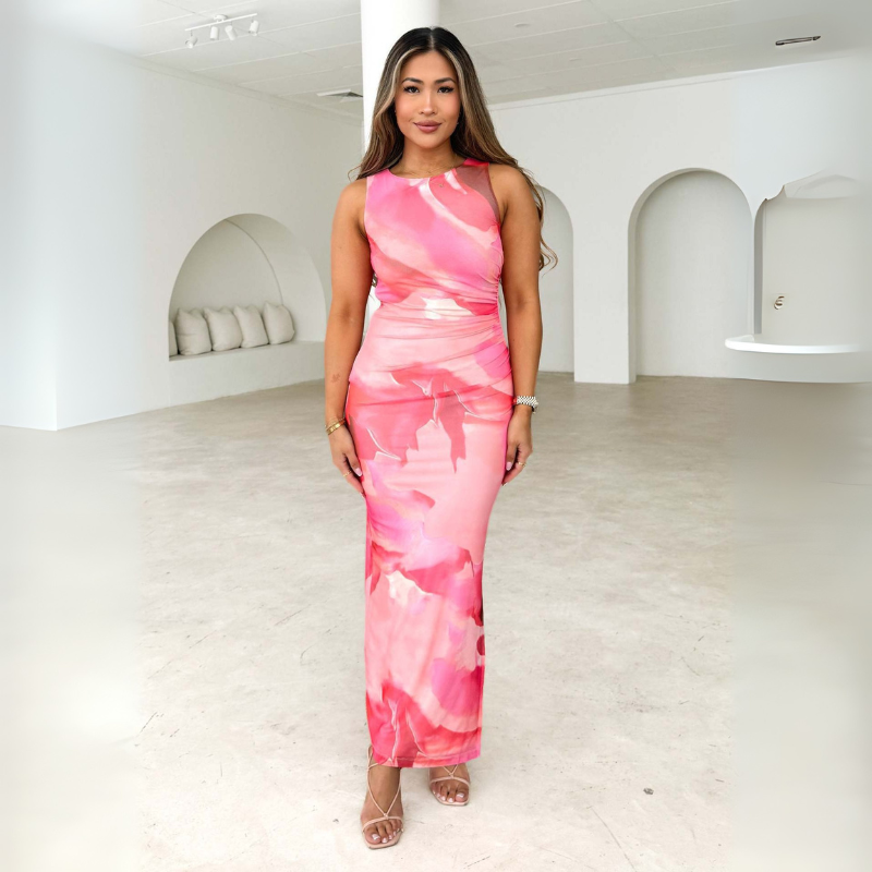 Women's Ruched Floral Midi Dress - Elegant Summer Style-The Yellow Prime