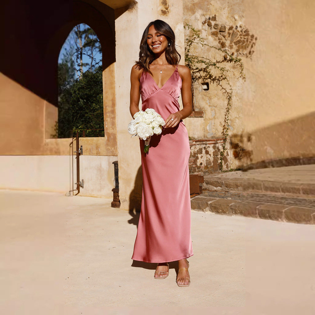 Women's Satin Look Sleeveless Maxi Dress with Full-Length Design-The Yellow Prime