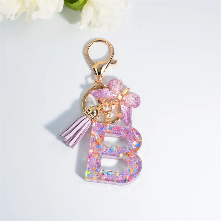 Women's Sequin Letter Keychain with Butterfly Tassel Charm-The Yellow Prime