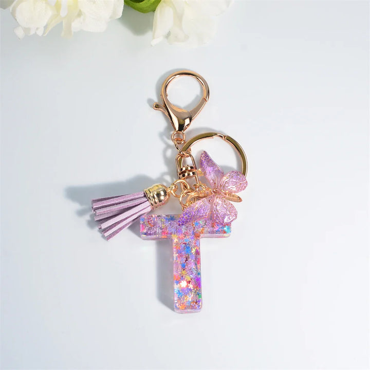 Women's Sequin Letter Keychain with Butterfly Tassel Charm-The Yellow Prime