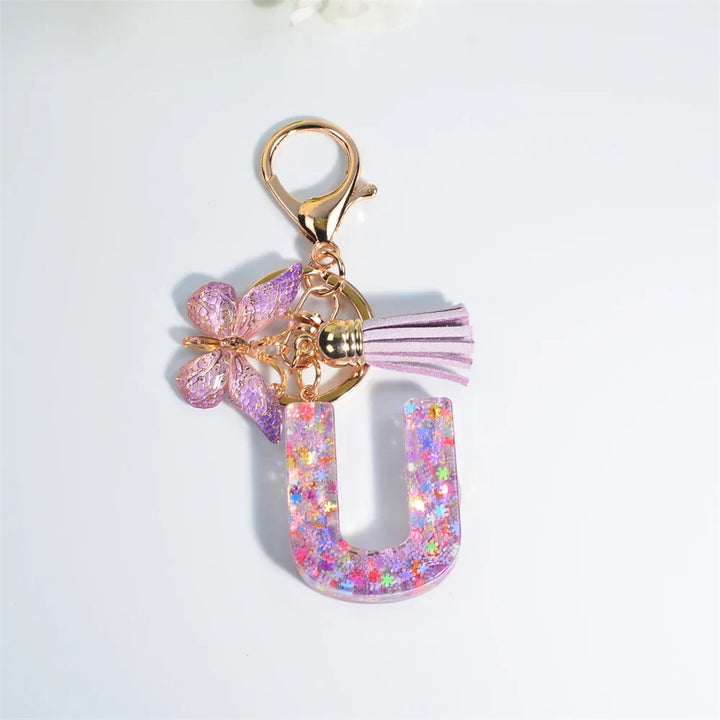 Women's Sequin Letter Keychain with Butterfly Tassel Charm-The Yellow Prime
