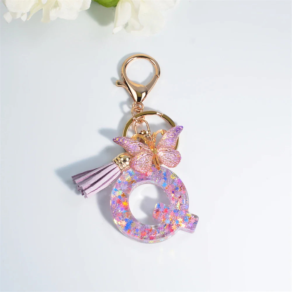 Women's Sequin Letter Keychain with Butterfly Tassel Charm-The Yellow Prime
