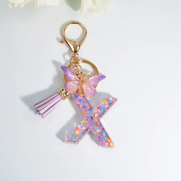 Women's Sequin Letter Keychain with Butterfly Tassel Charm-The Yellow Prime