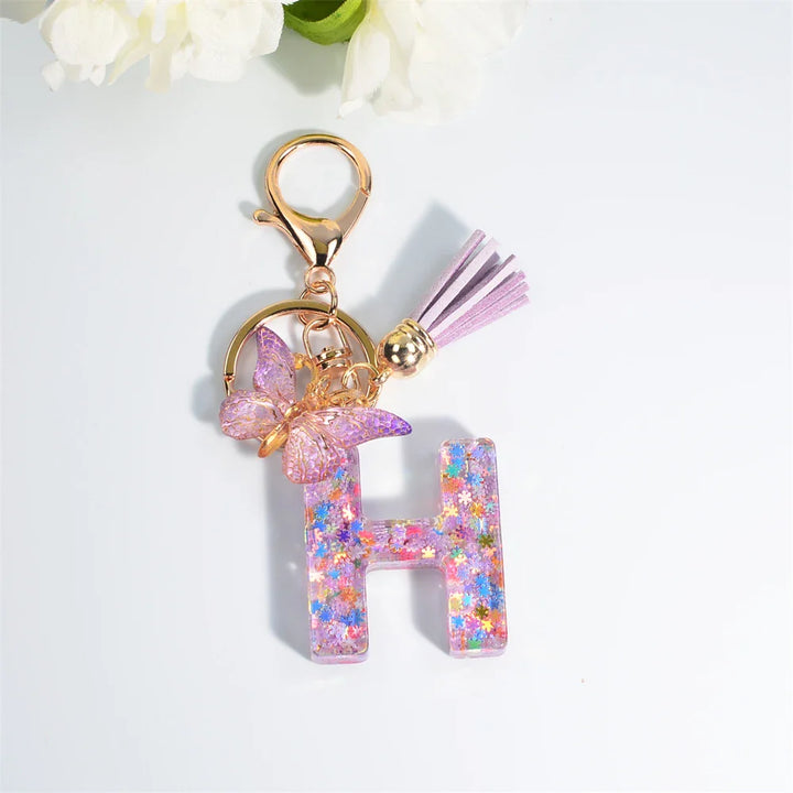 Women's Sequin Letter Keychain with Butterfly Tassel Charm-The Yellow Prime