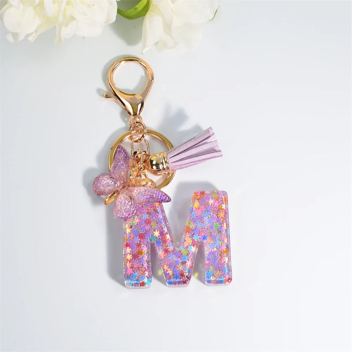 Women's Sequin Letter Keychain with Butterfly Tassel Charm-The Yellow Prime