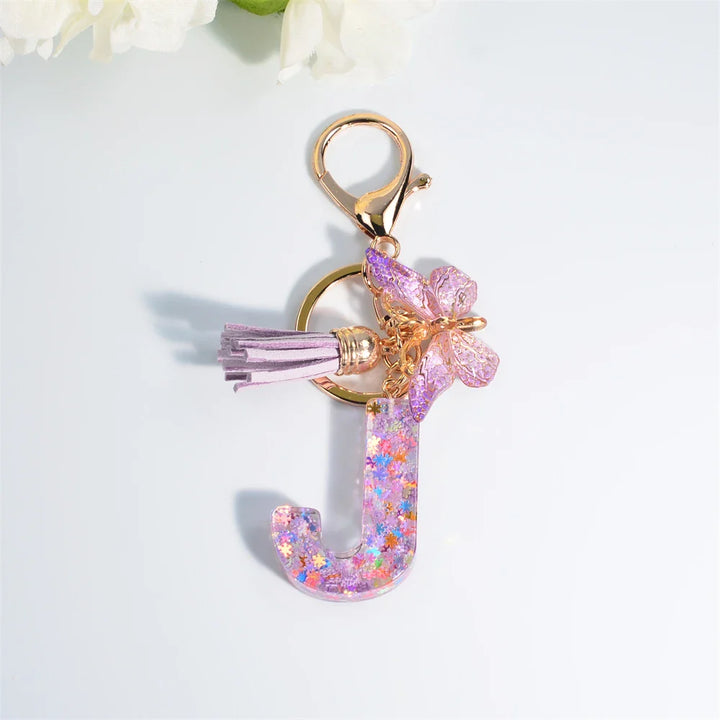 Women's Sequin Letter Keychain with Butterfly Tassel Charm-The Yellow Prime