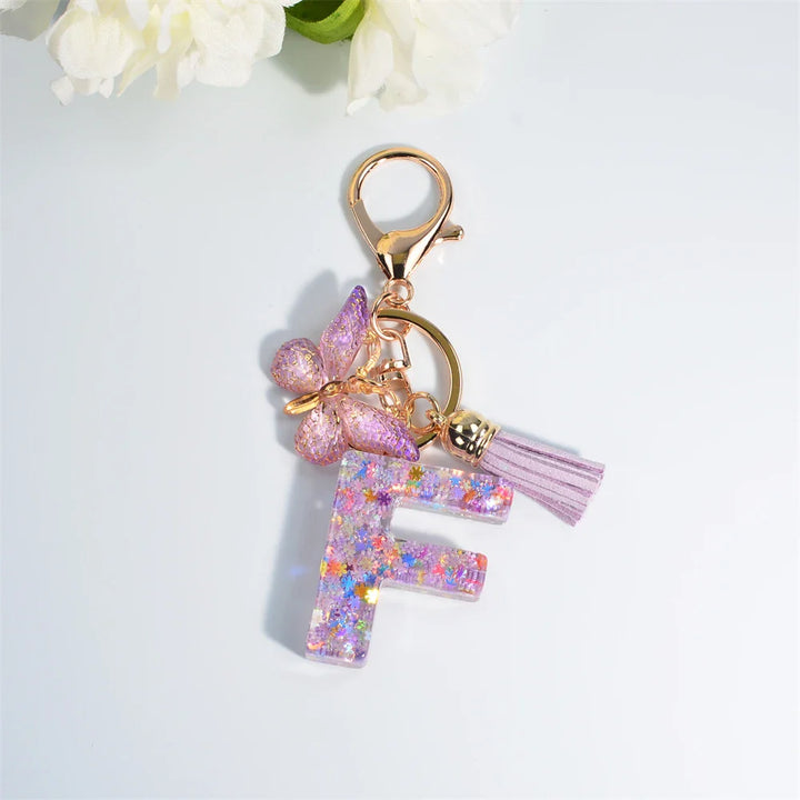 Women's Sequin Letter Keychain with Butterfly Tassel Charm-The Yellow Prime