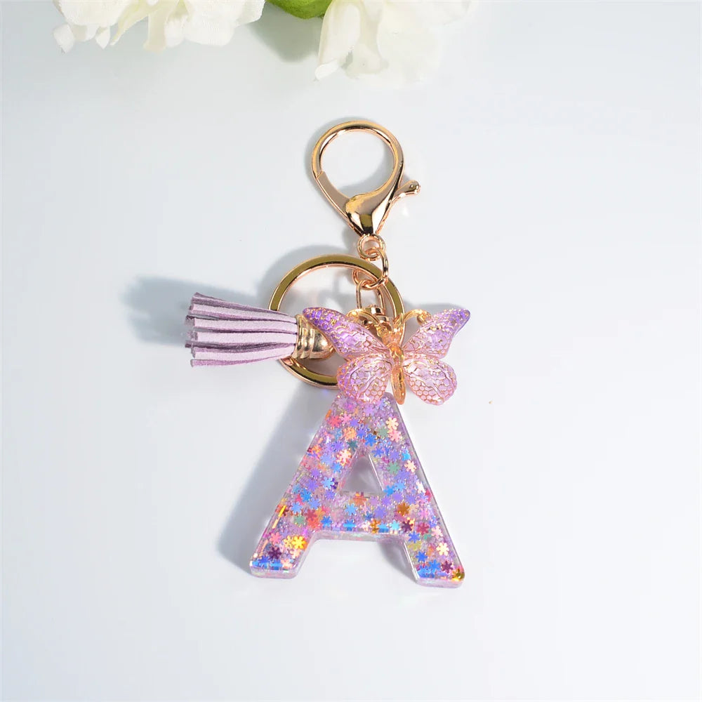 Women's Sequin Letter Keychain with Butterfly Tassel Charm-The Yellow Prime